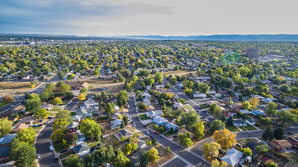 Adobe Stock image of a view of a town from the sky.