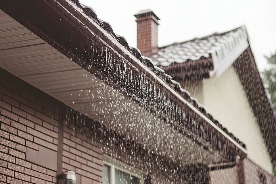 Adobe Stock image of rain coming off of a roof with a chimney in the background.