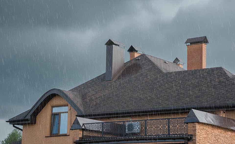 Adobe Stock image of rain falling on a home with three chimneys.