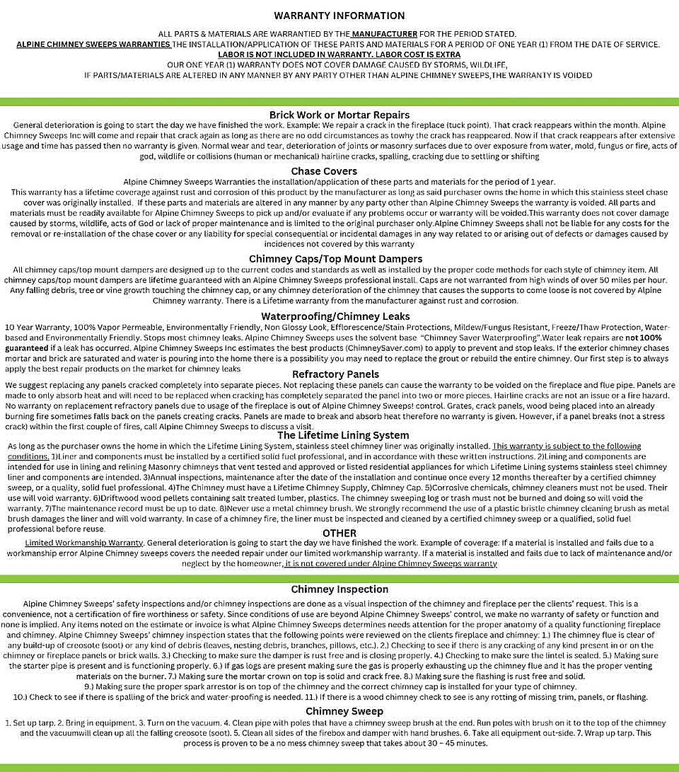 Alpine Chimney Sweeps Warranty Information