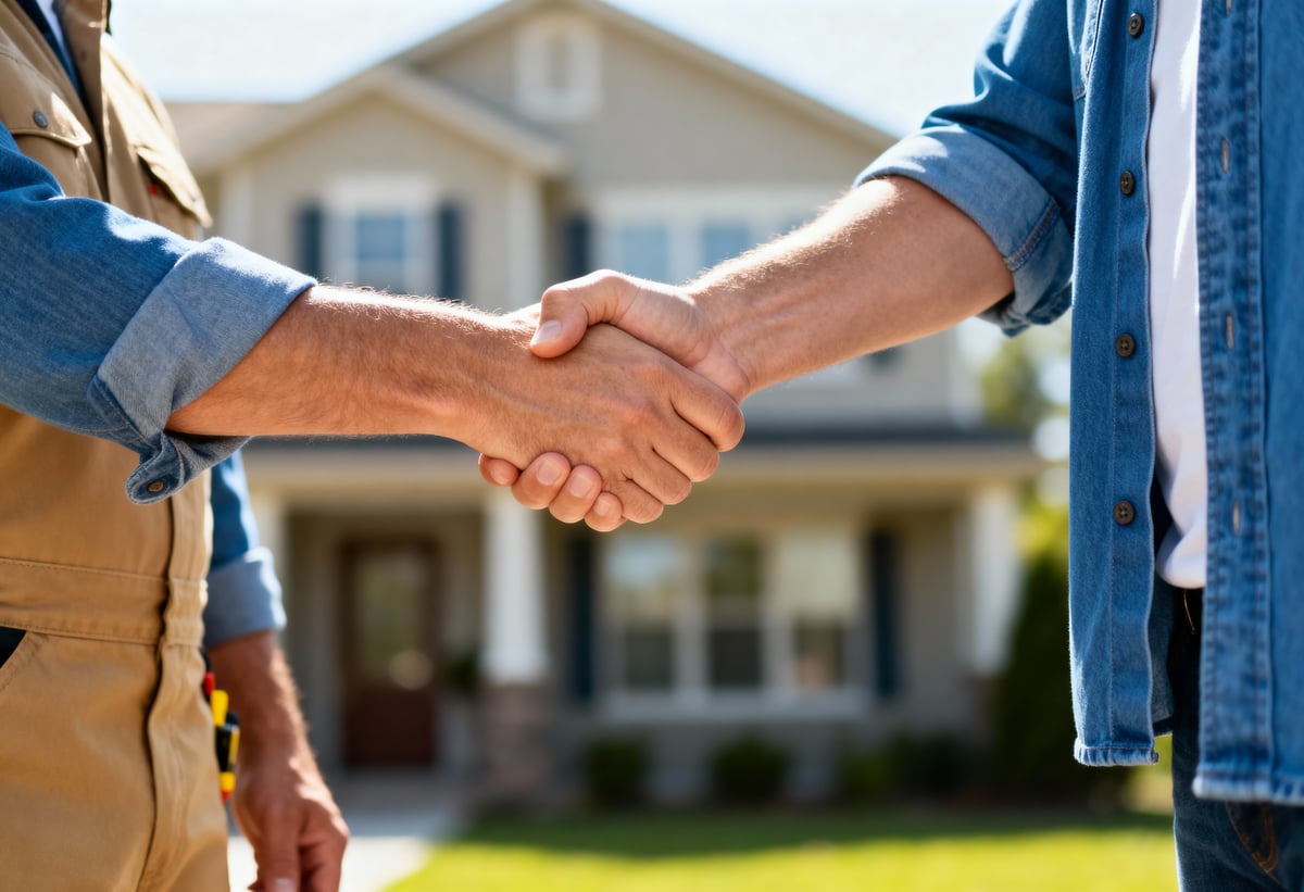 Alpine Chimney Sweeps technician and homeowner shaking hands in front of a house