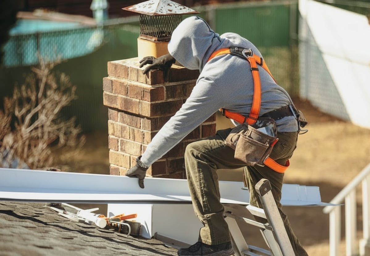 Alpine chimney technician working on a rooftop chimney repair