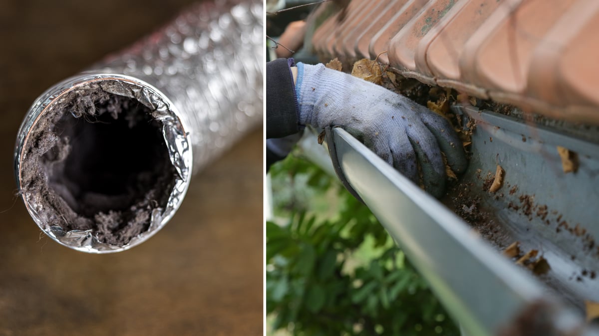 Stock photos of a dryer vent clogged with lint and a person cleaning gutters.