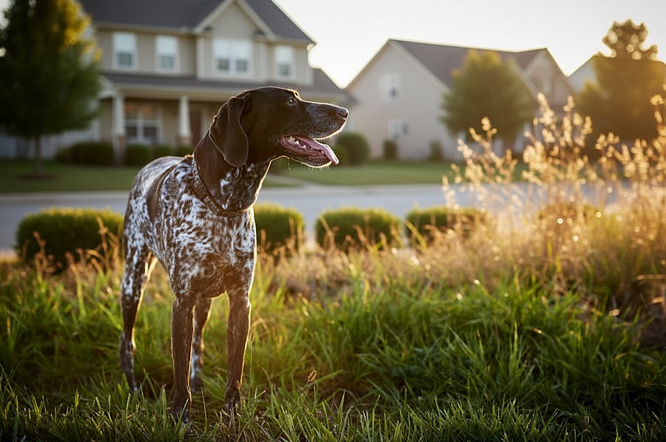 Adobe Stock image of a german shorthair pointer in front of a house.