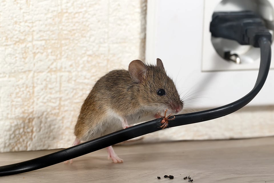 Adobe Stock image of a mouse chewing wires.
