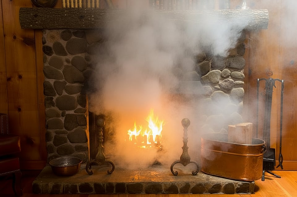Fireplace with lots of smoke coming out of it