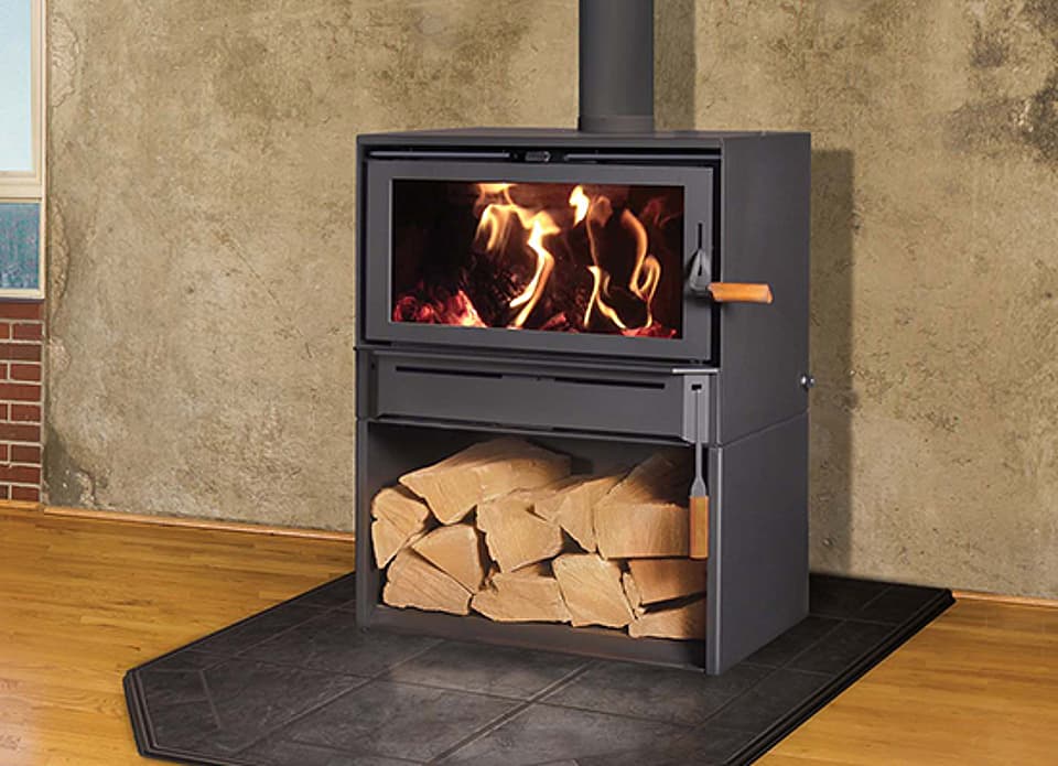 A Blaze King black wood stove.