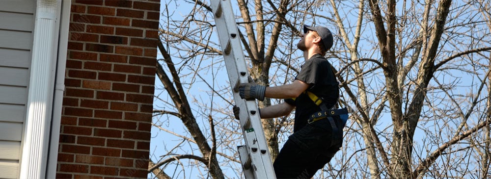 Chimney inspection technician on ladder