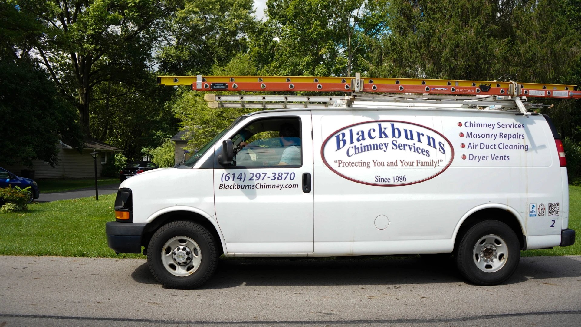 Blackburns Chimney Service work van with a ladder on top, serving Columbus, Ohio