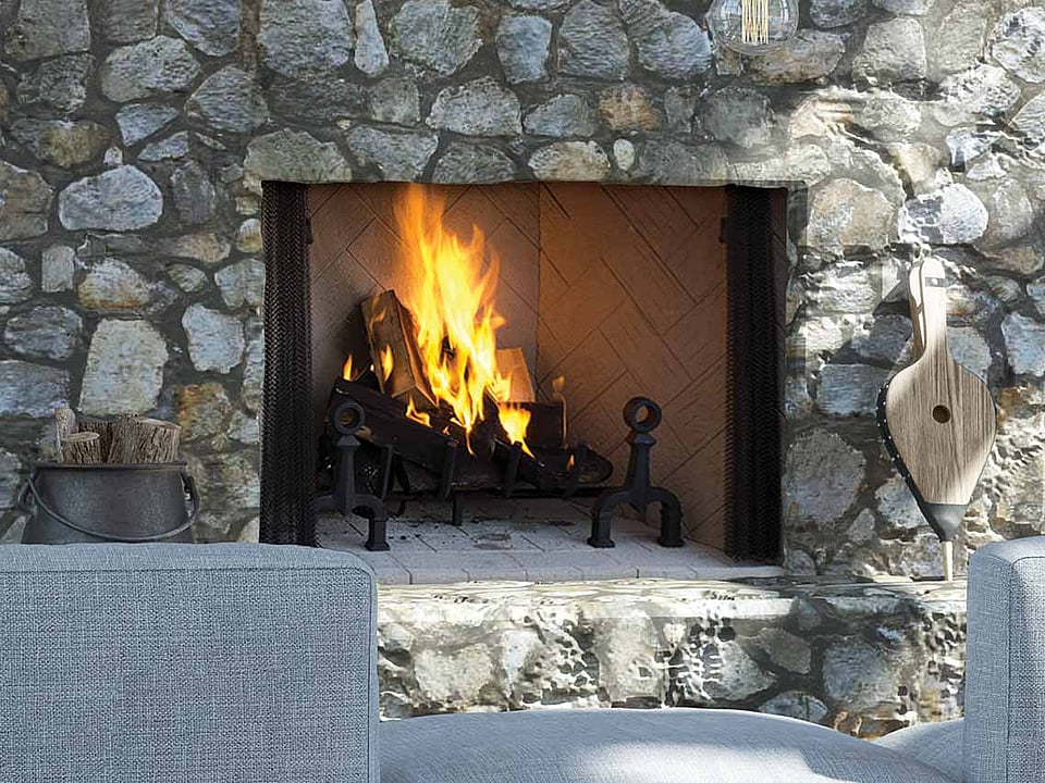 Superior wood fireplace with stone facing.