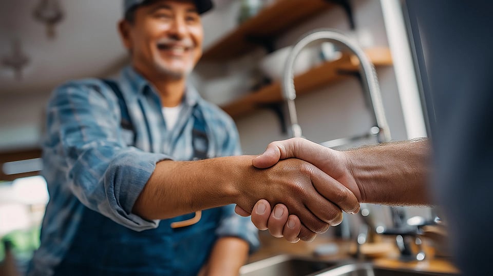 A service technician shaking hands with a customer by a sink.