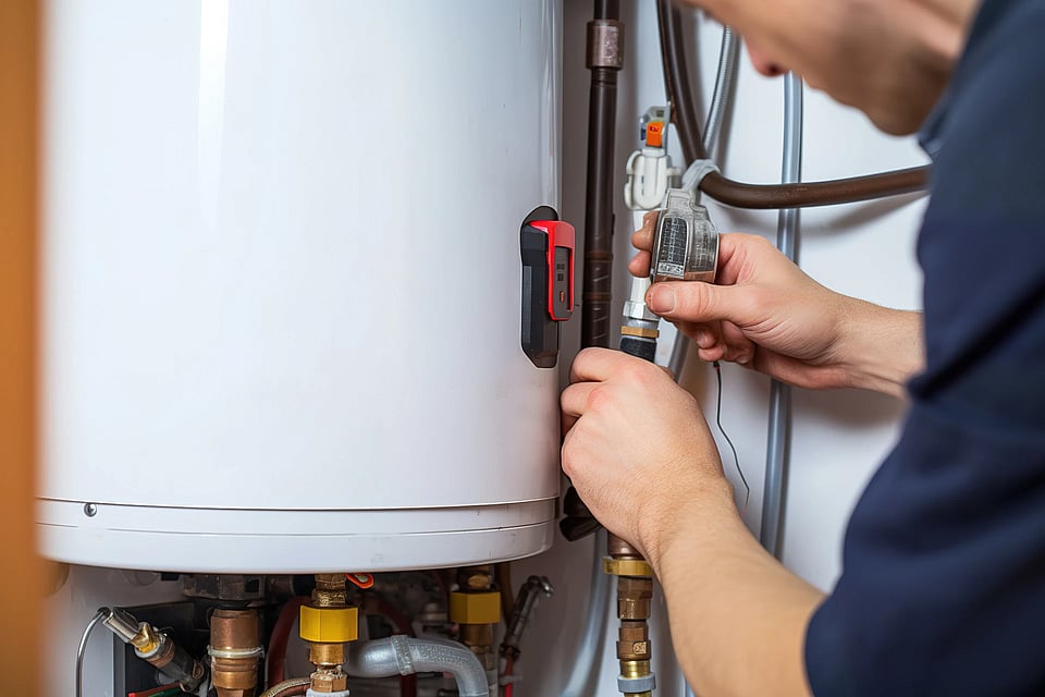 A technician working on a water heater system.