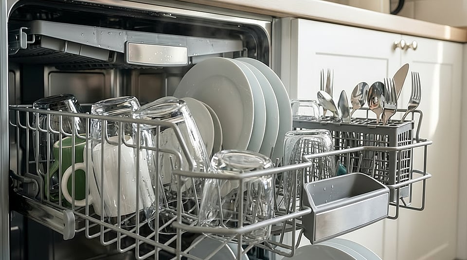 Clean dishes in a dishwasher in a home kitchen.