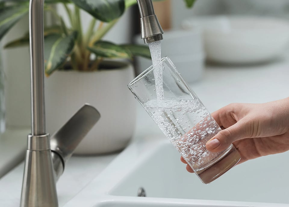 Someone filling up a glass with water from the kitchen sink.