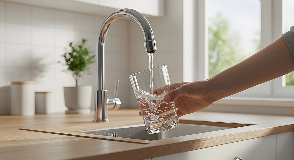 Someone filling a glass of water from a sink.