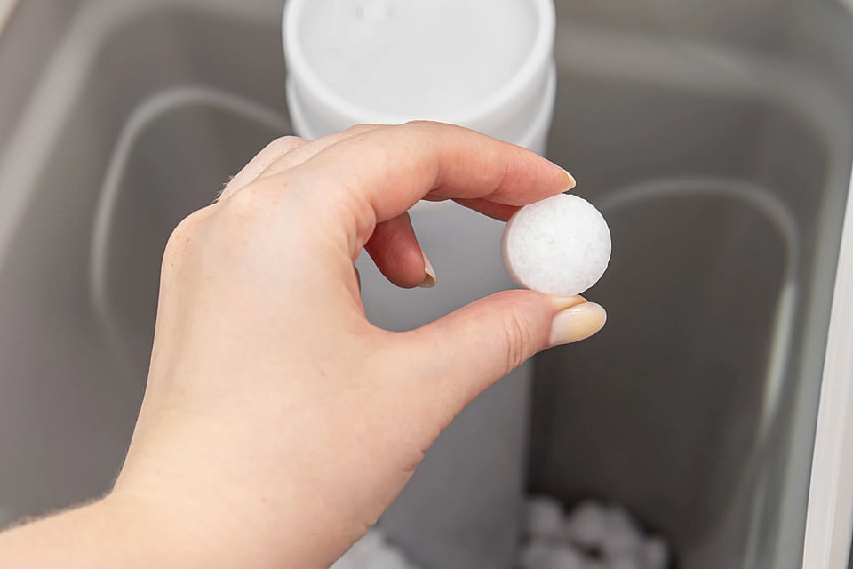 A woman holding up a single salt pellet in front of a water softener.
