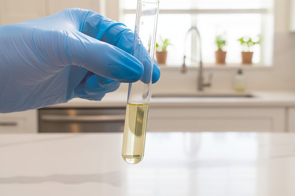 Someone testing water in a tube in a kitchen.