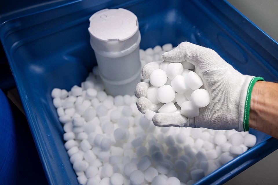 Someone with thick gloves on scooping up water softener salt pellets.