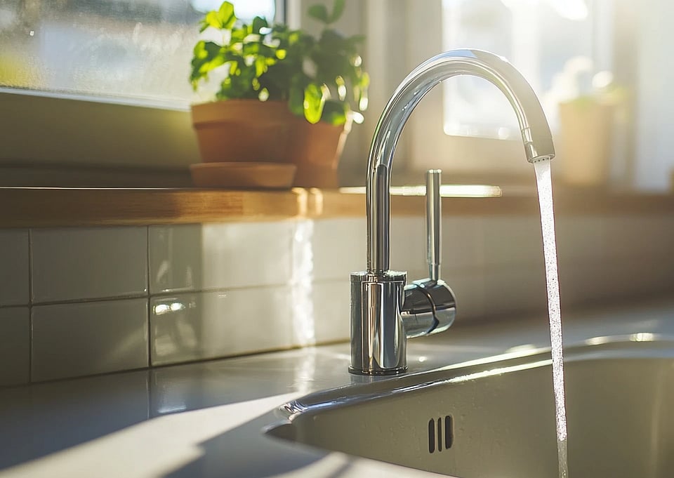 A faucet in a kitchen with the water running.