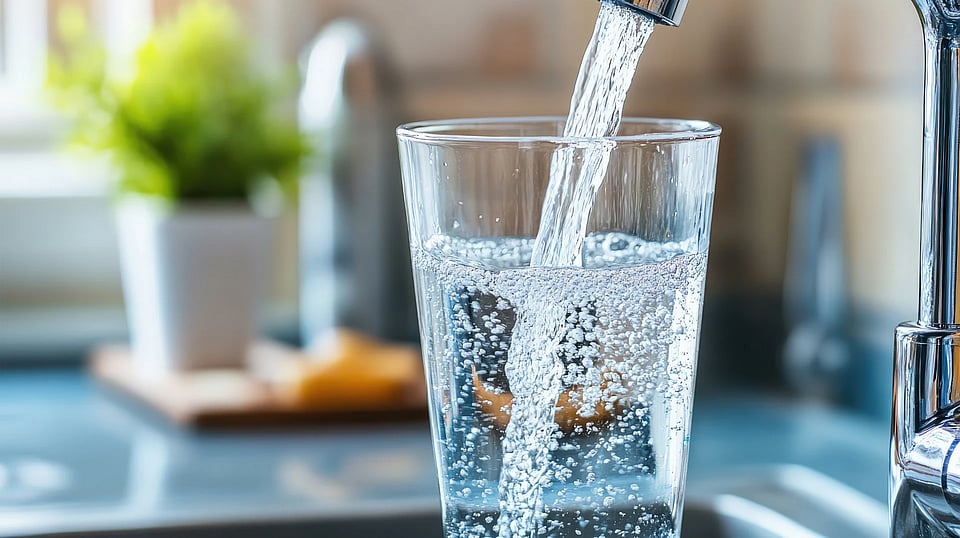 Water pouring from a faucet into a clear glass.