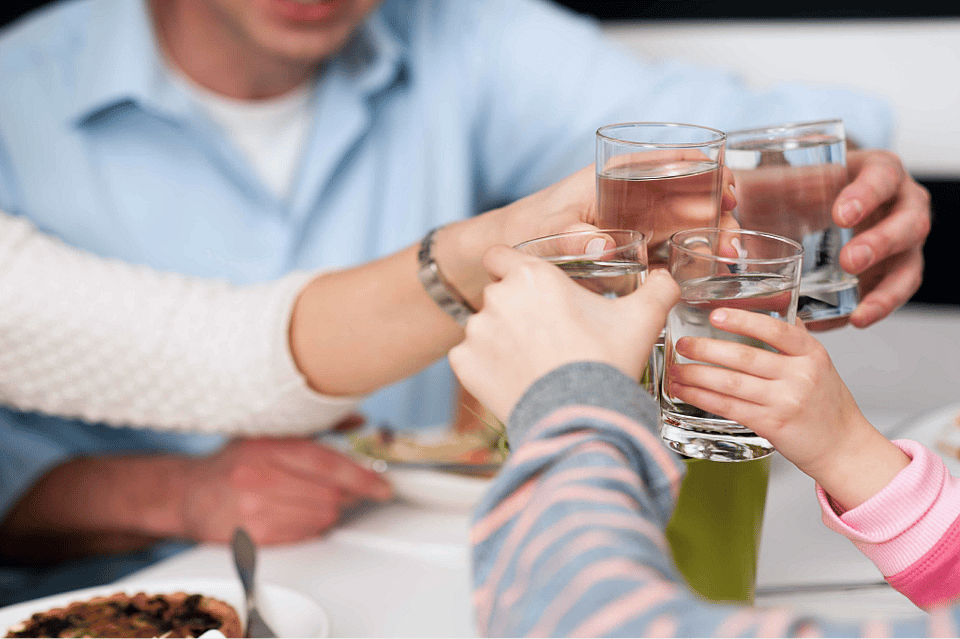 Family toasting glasses of drinking water at the dinner table
