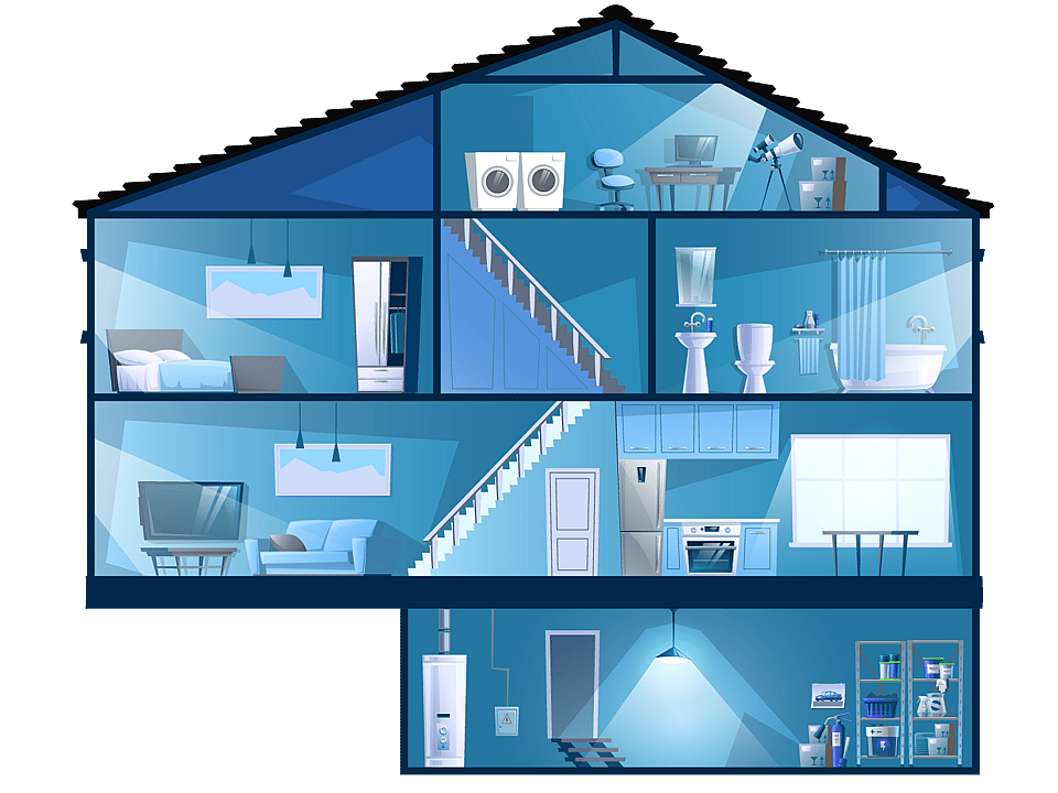 Cross-section illustration of a house showing laundry, bathroom, kitchen, and basement