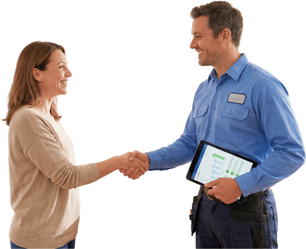 Moore Water & Air technician reviewing water treatment options with a homeowner