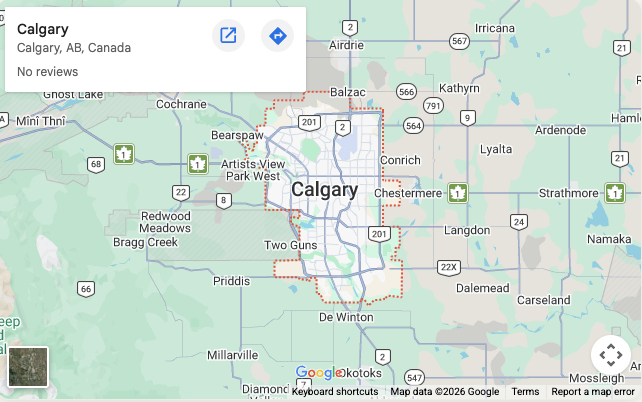 Map showing radon testing service areas across Calgary and surrounding communities within 100km