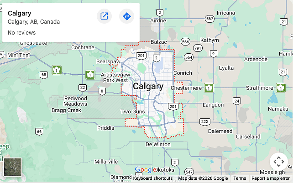 Map showing radon testing service areas across Calgary and surrounding communities within 100km