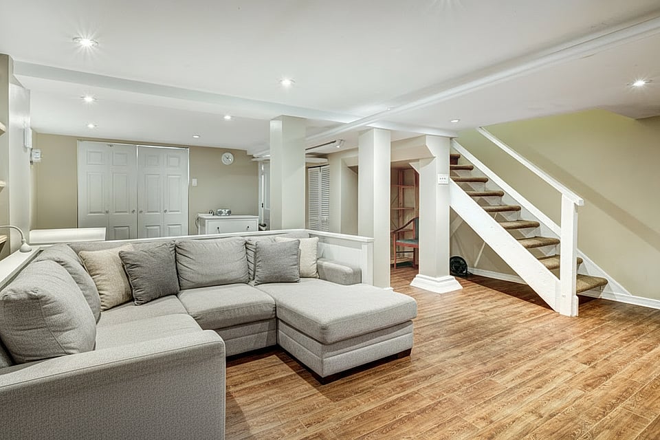 A finished basement with a couch.