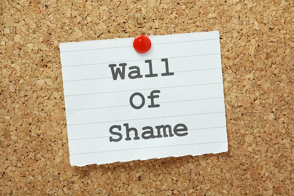 A bulletin board background with a sticky note tacked onto it that says "Wall of Shame."