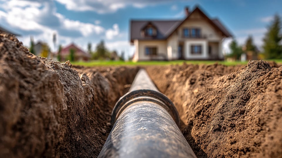 Adobe Stock image of a plumbing pipe in a trench with a house in the background.
