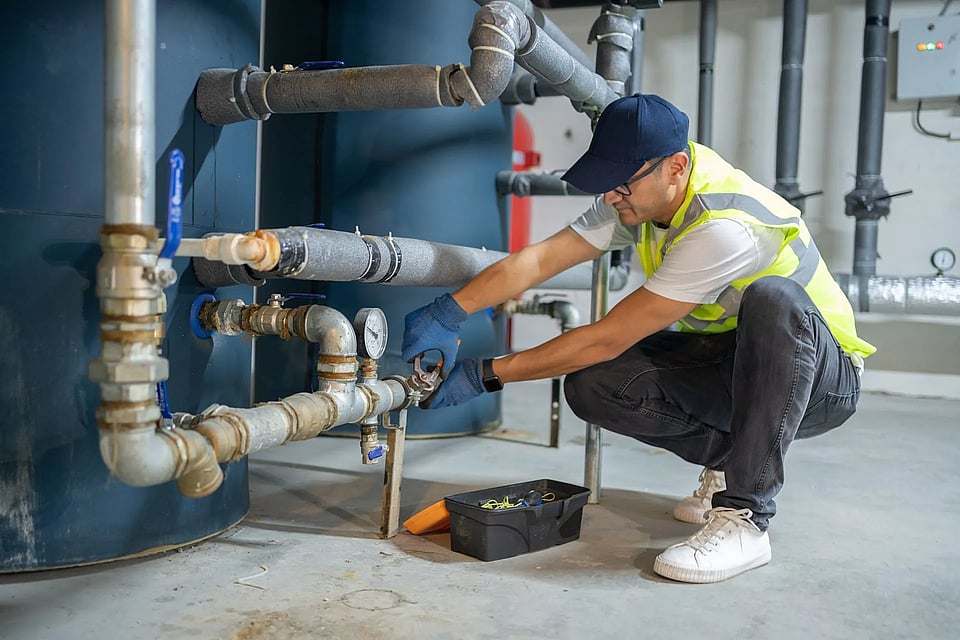Technician fixing water pipes