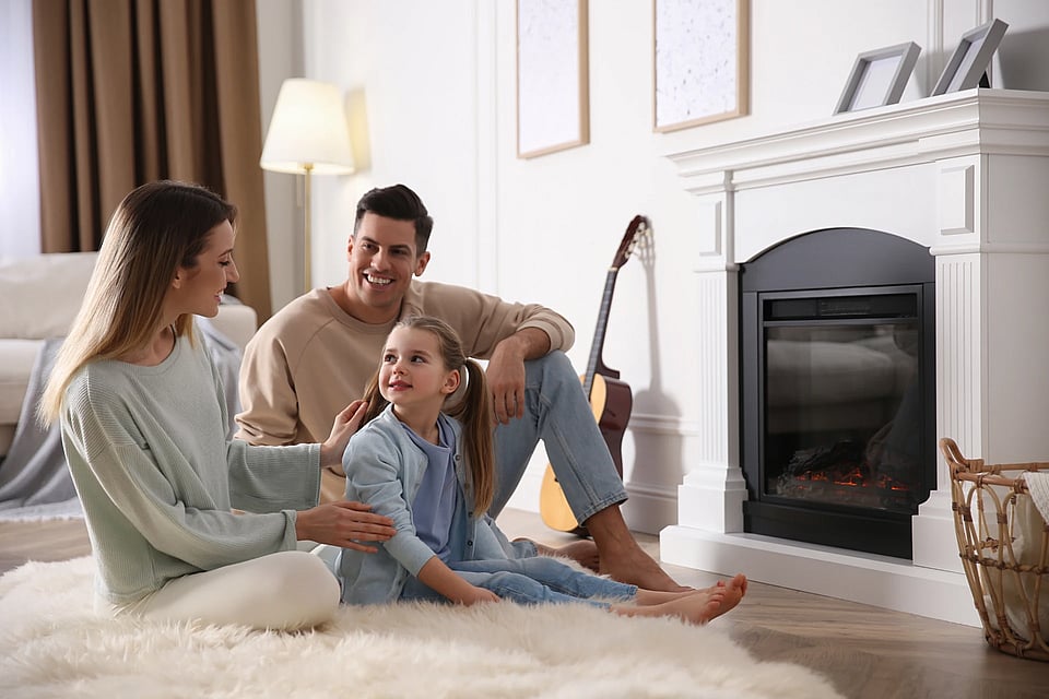 Adobe Stock image of a family laughing by a fireplace.