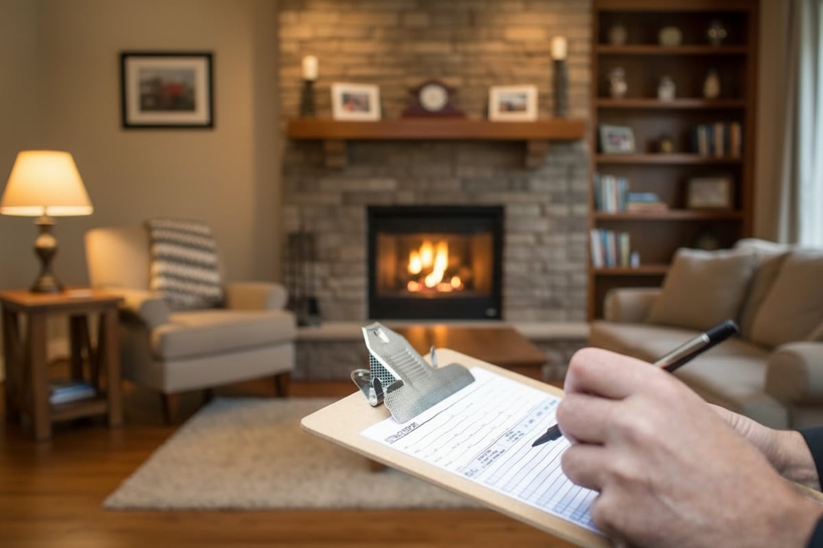 Adobe Stock image of a person with a clipboard with a living room and fireplace in the background.