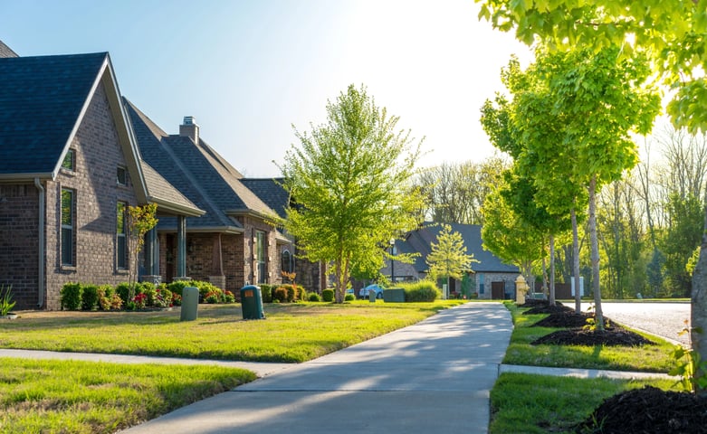 Adobe Stock image of a street with homes with chimneys.