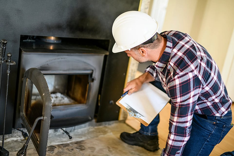 Adobe Stock of an inspector looking into an open fireplace.