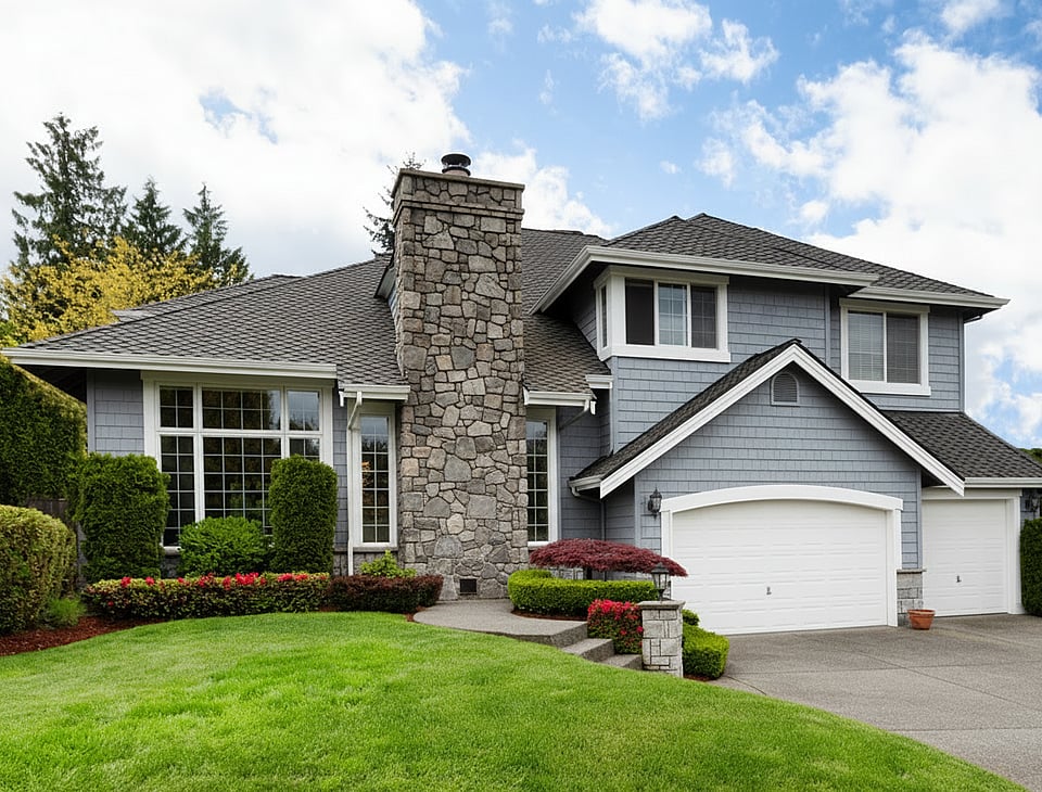 Adobe Stock photo of a home with a stone chimney.