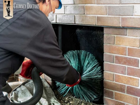 Chimney sweep using a chimney brush in a fireplace