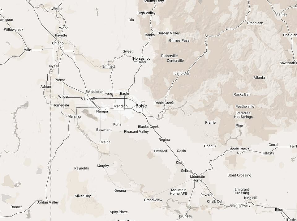 Map of the Treasure Valley in southwest Idaho showing the Toasty! Chimney & Fireplace service area, including Boise, Meridian, Eagle, Nampa, Caldwell, Kuna and Star